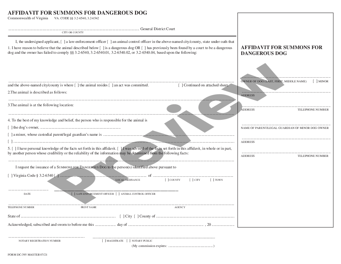 Virginia Affidavit for Summons for Dangerous or Vicious Dog Dangerous