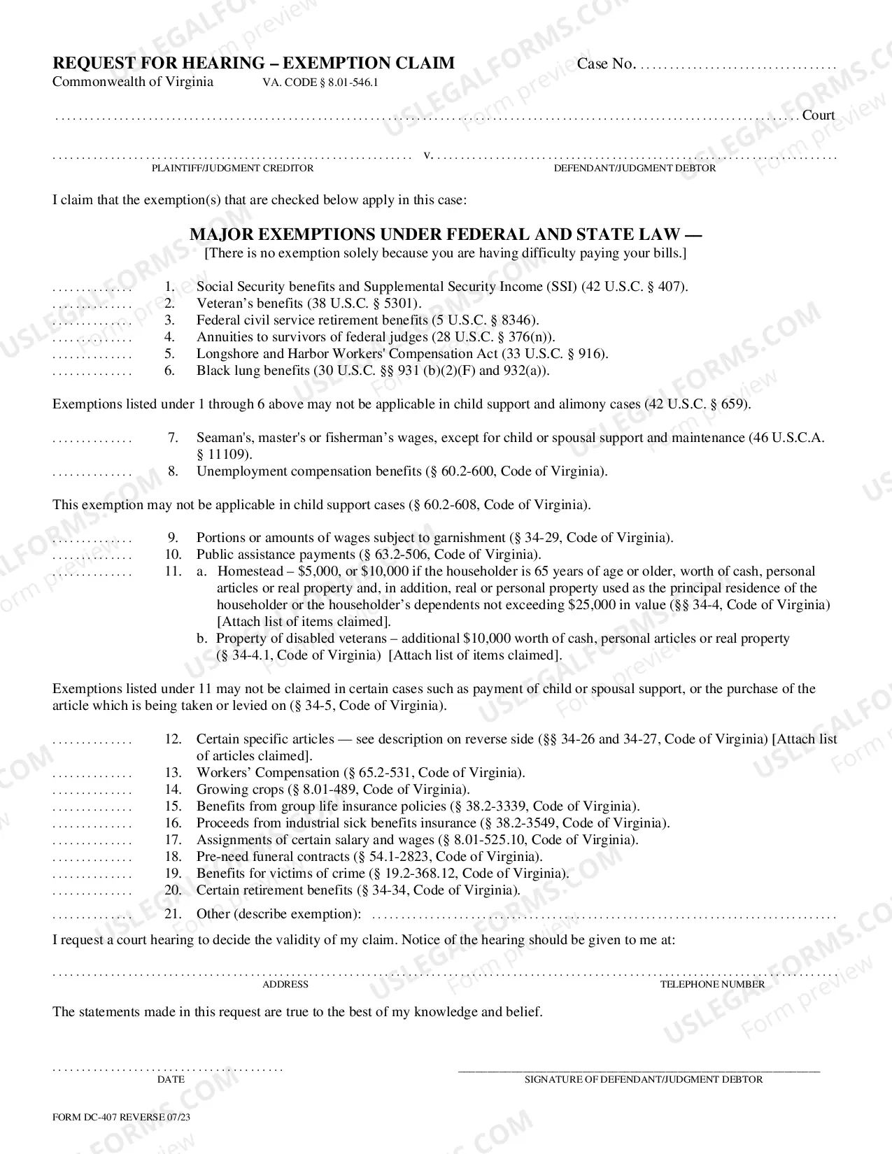 Preview Request For Hearing Exemption Claim W-Instructions