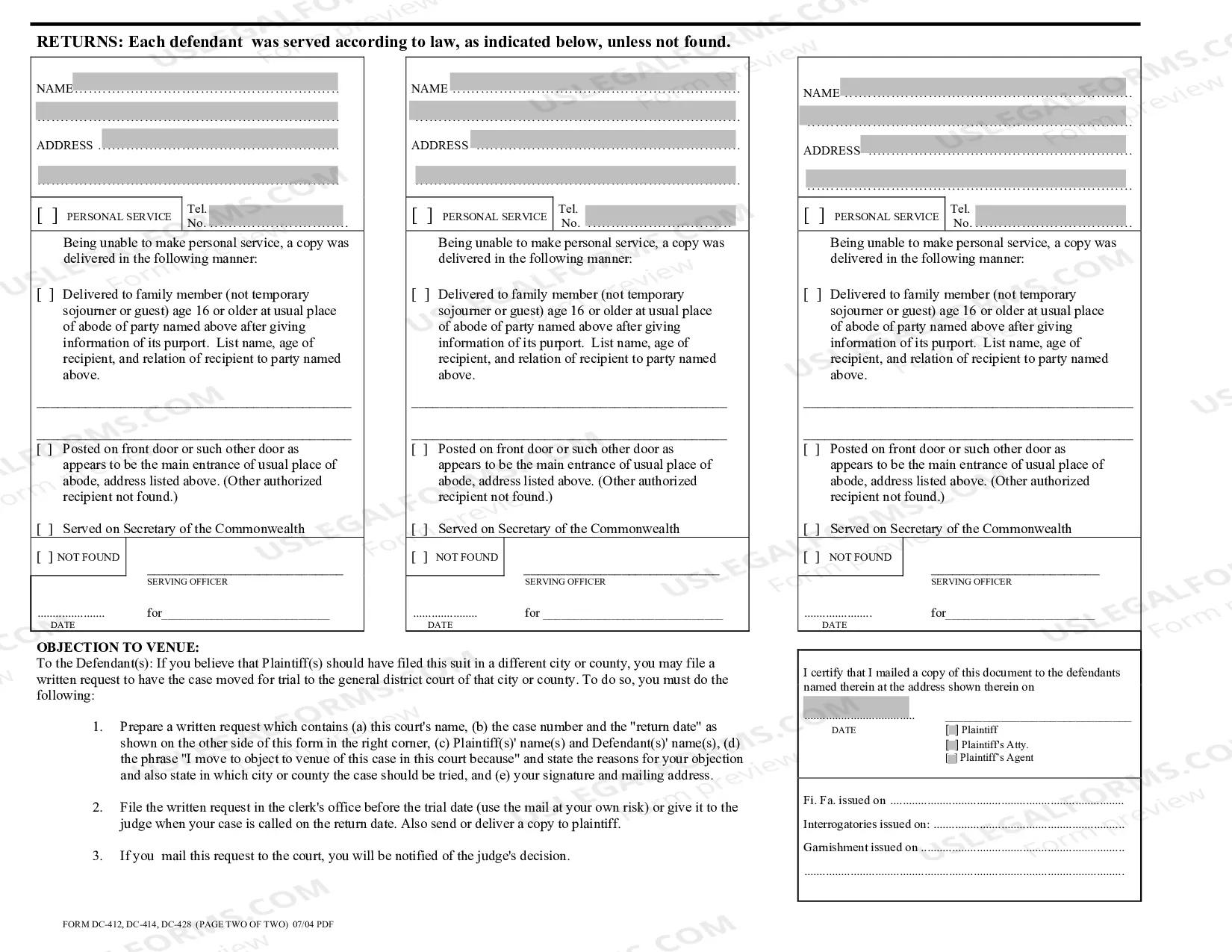 Preview Warrant In Detinue-Civil Claim For Specific Personal Property