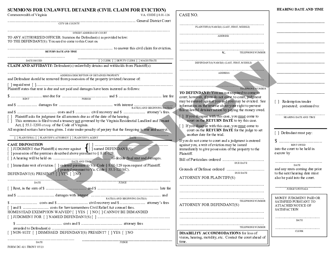 Virginia Summons For Unlawful Detainer - Unlawful Detainer | US Legal Forms