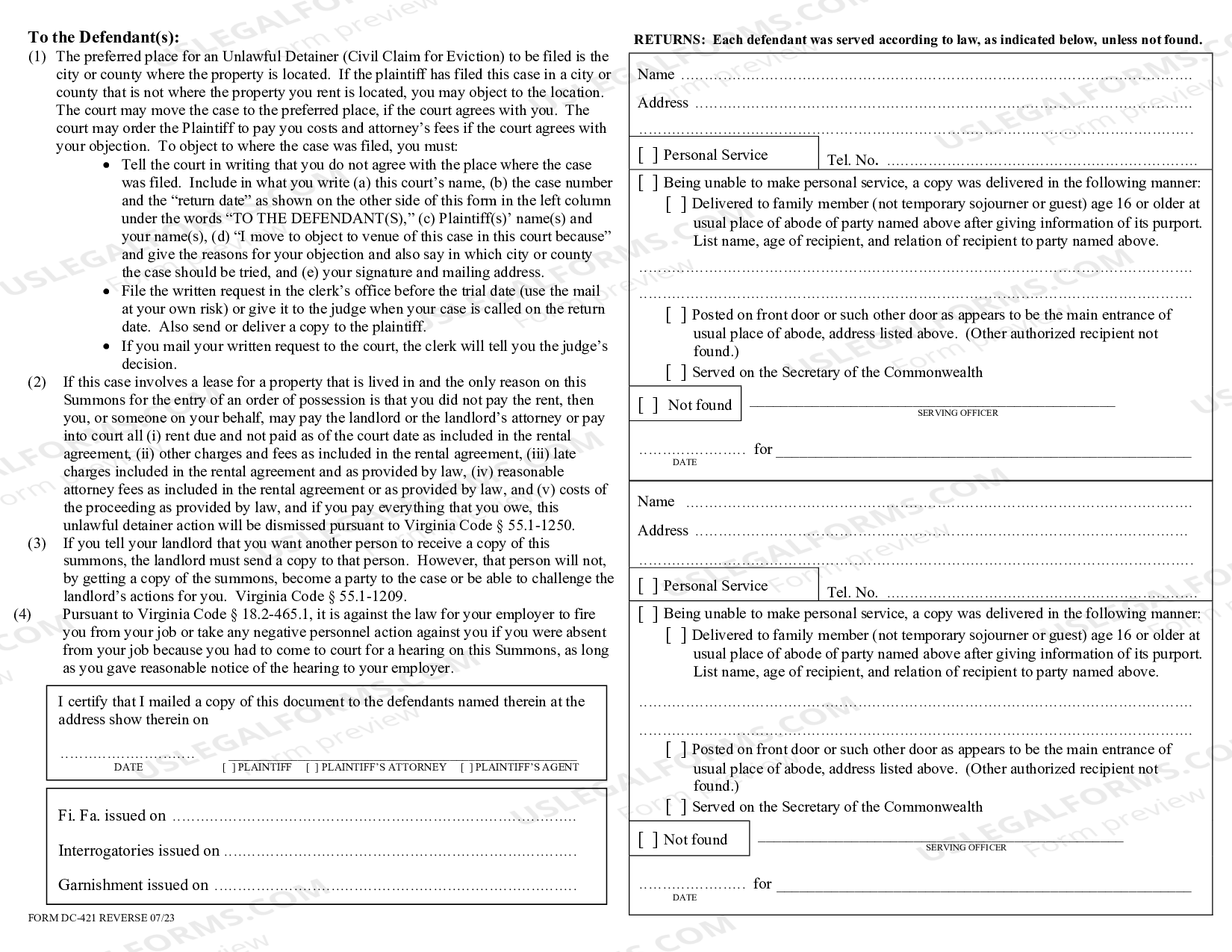 Virginia Summons for Unlawful Detainer Unlawful Detainer US Legal Forms