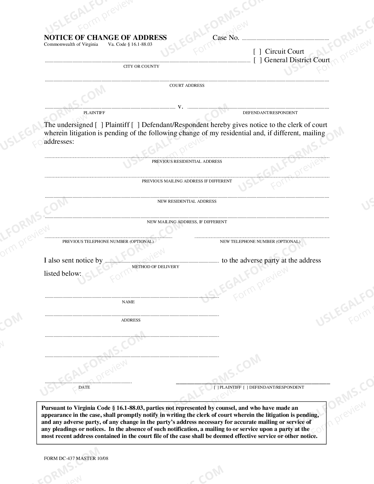 Virginia Notice of Change of Address US Legal Forms