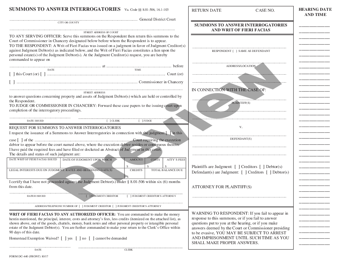 Virginia Summons to Answer Interrogatories - Sample Debtor ...