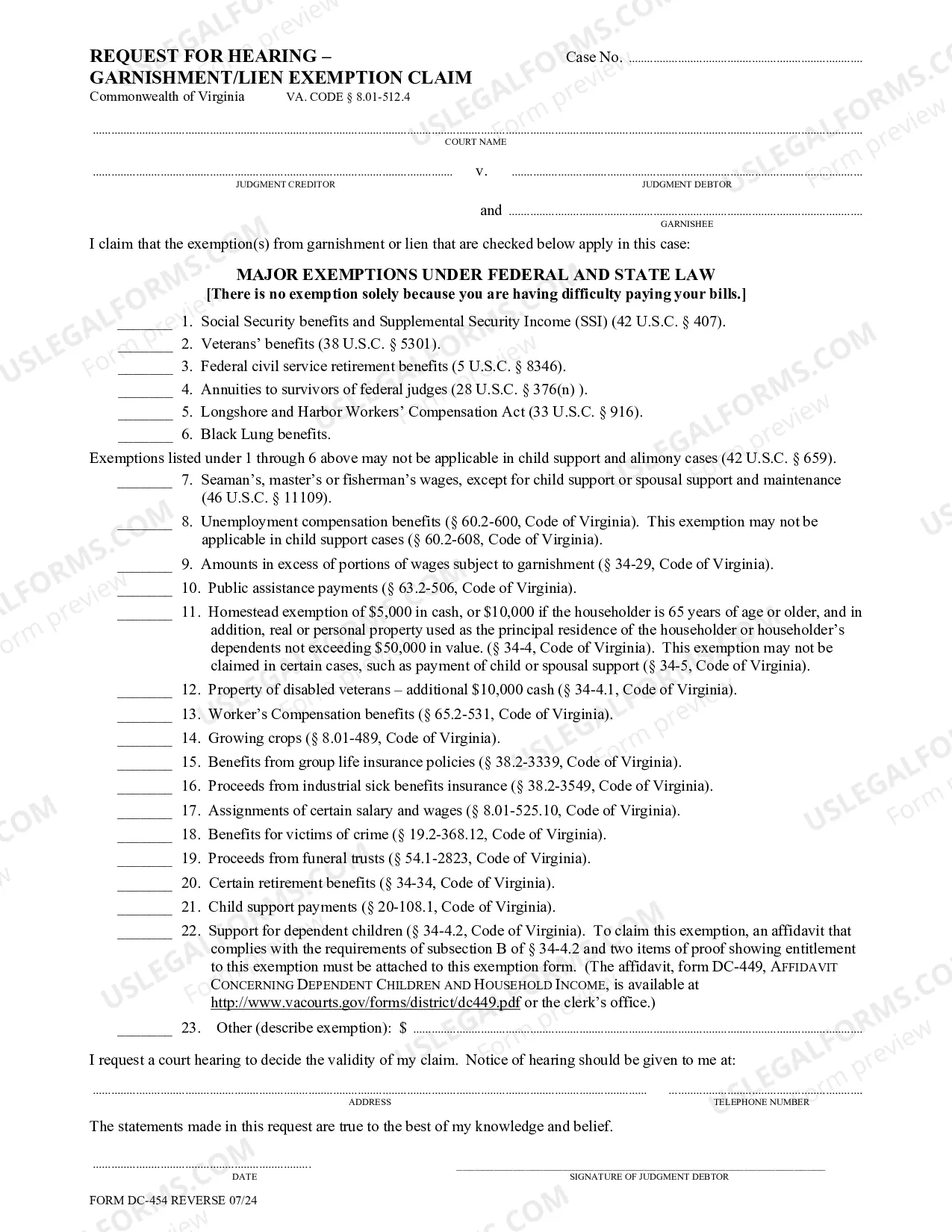 Preview Garnishment Request for Hearing