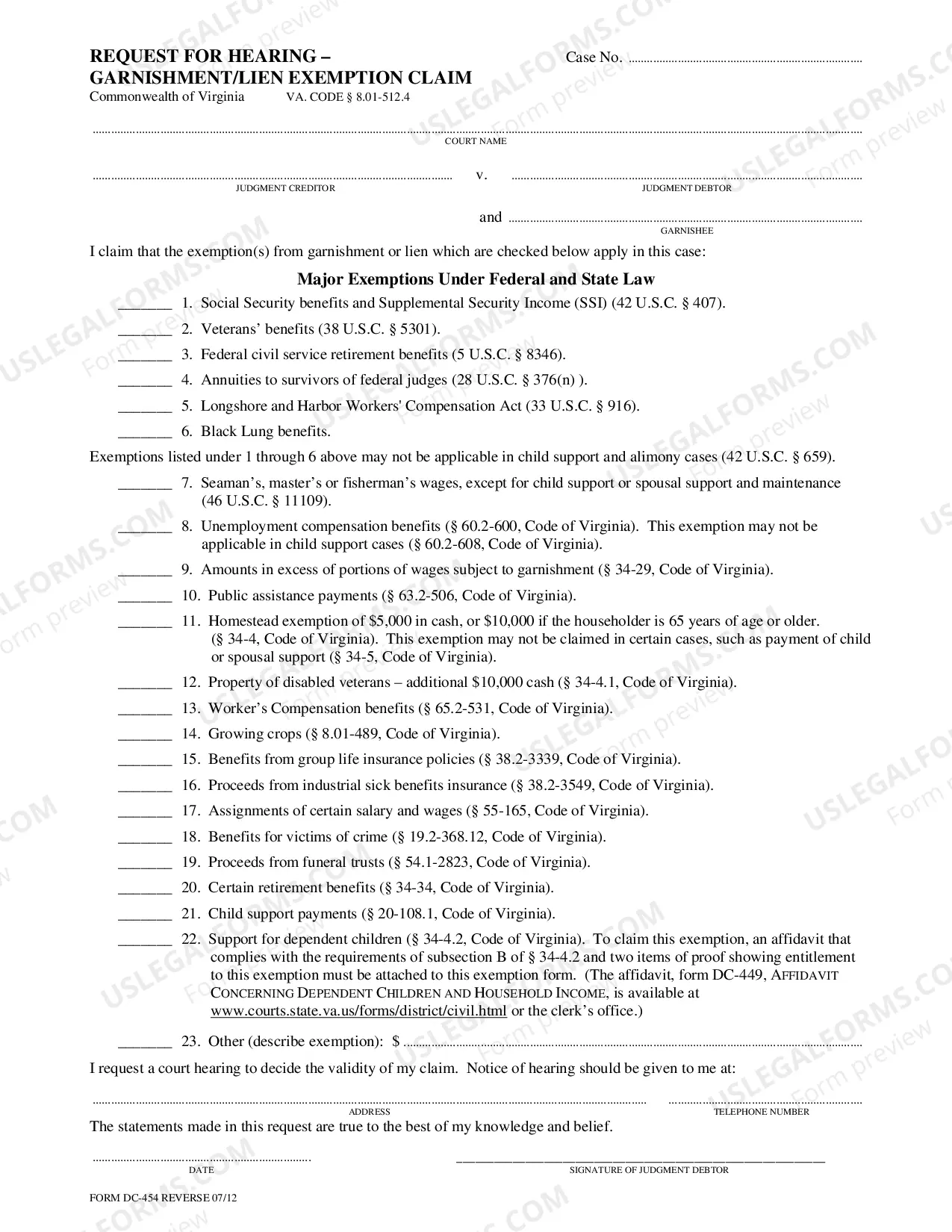 Preview Request For Hearing Garnishment Exemption Claim W-Instructions