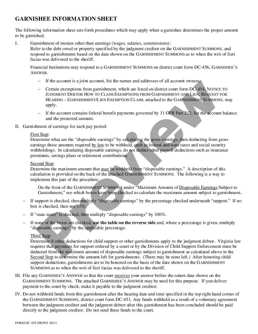 Virginia Garnishee Information Sheet US Legal Forms