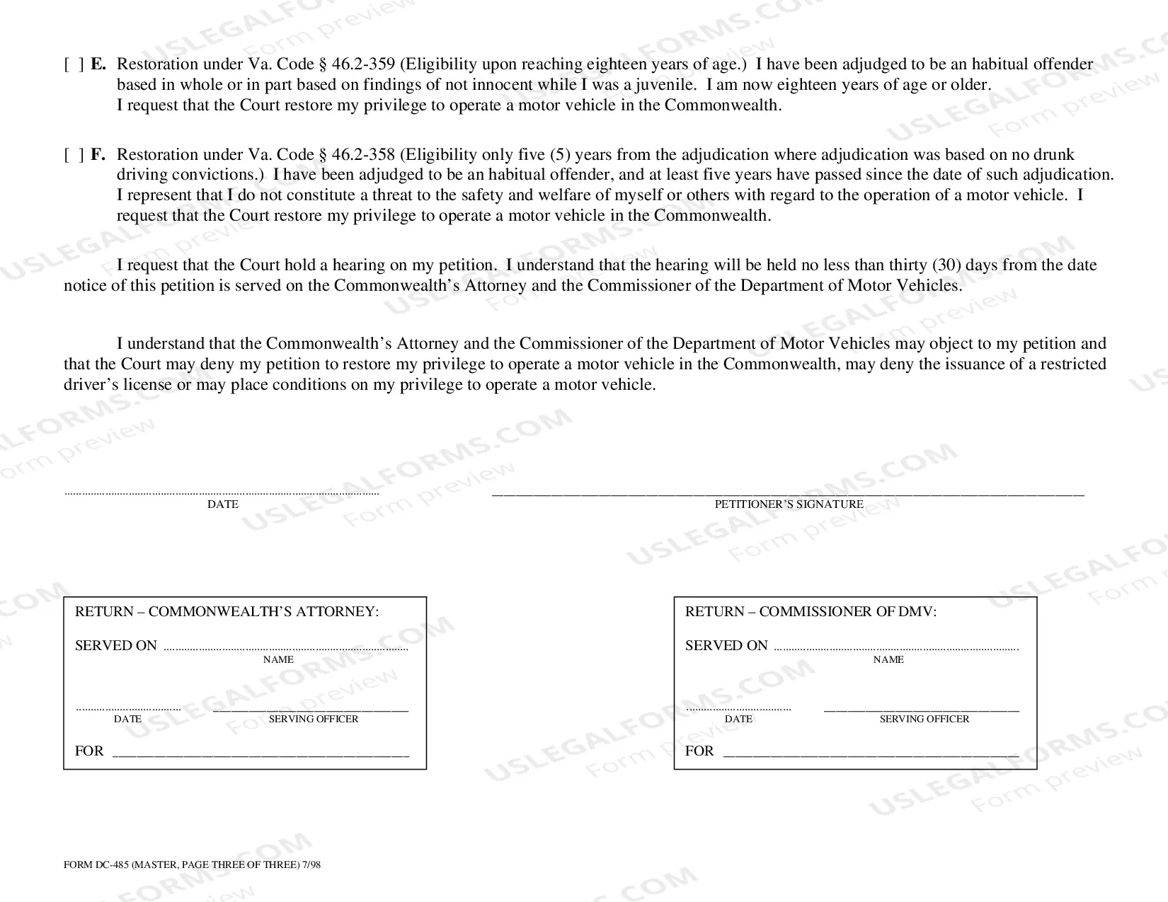 Preview Petition For Restoration Of Driving Privilege Habitual Offender