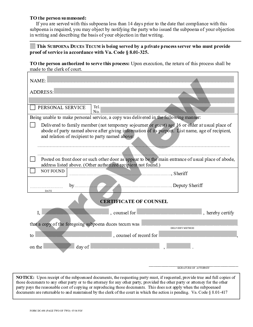 Fairfax Virginia Subpoena Duces Tecum Us Legal Forms 8463