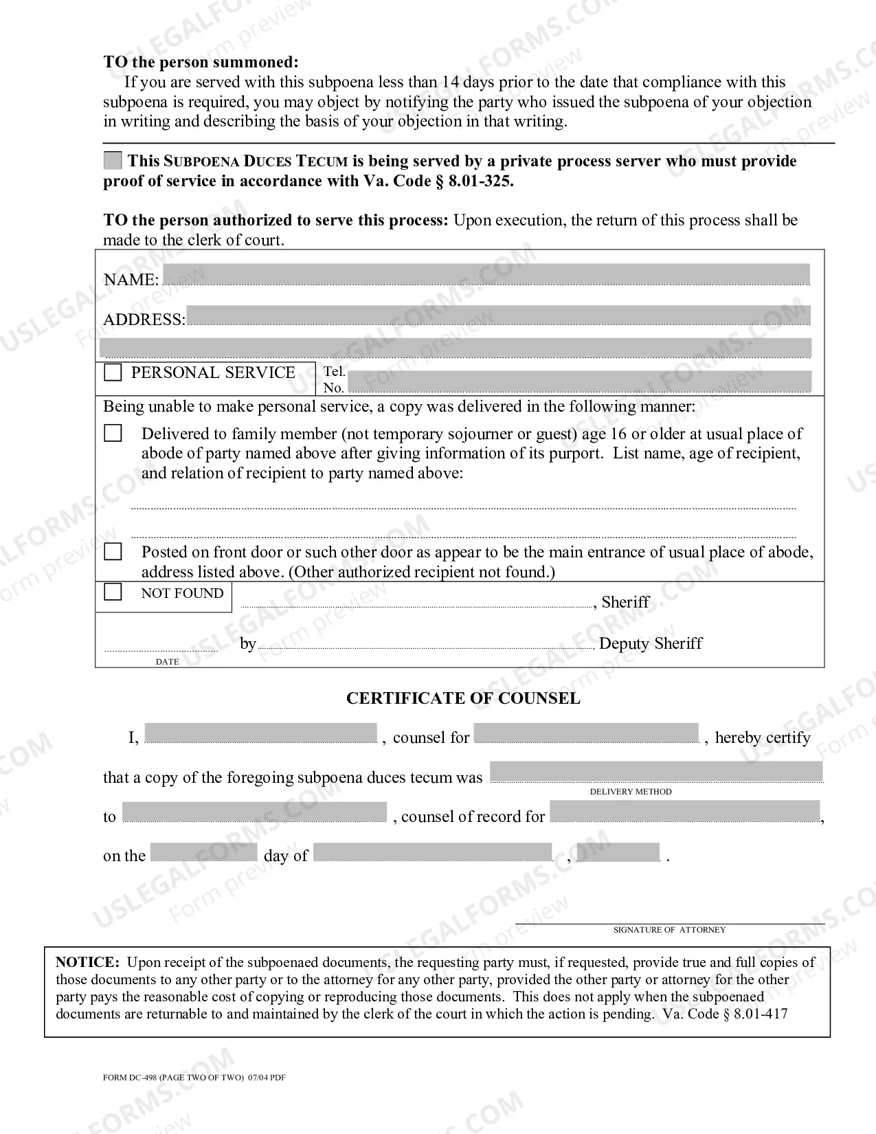 Preview Subpoena Duces Tecum Civil Attorney