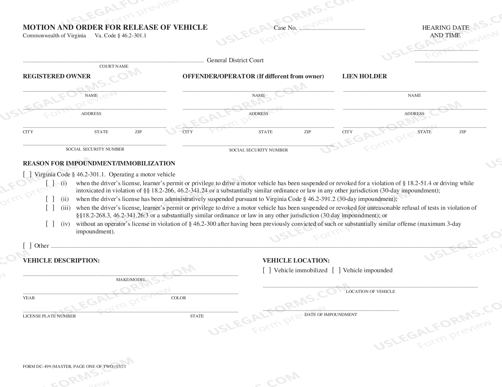 Motion To Release Vehicle With Undertaking US Legal Forms