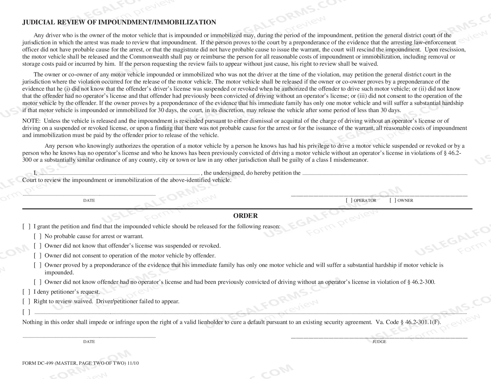 Preview Motion And Order For Release Of Vehicle