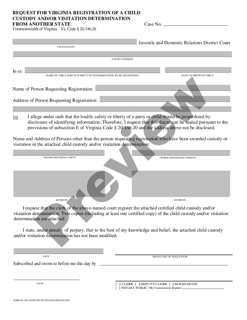 Request for Virginia Registration of A Child Custody and or Visitation