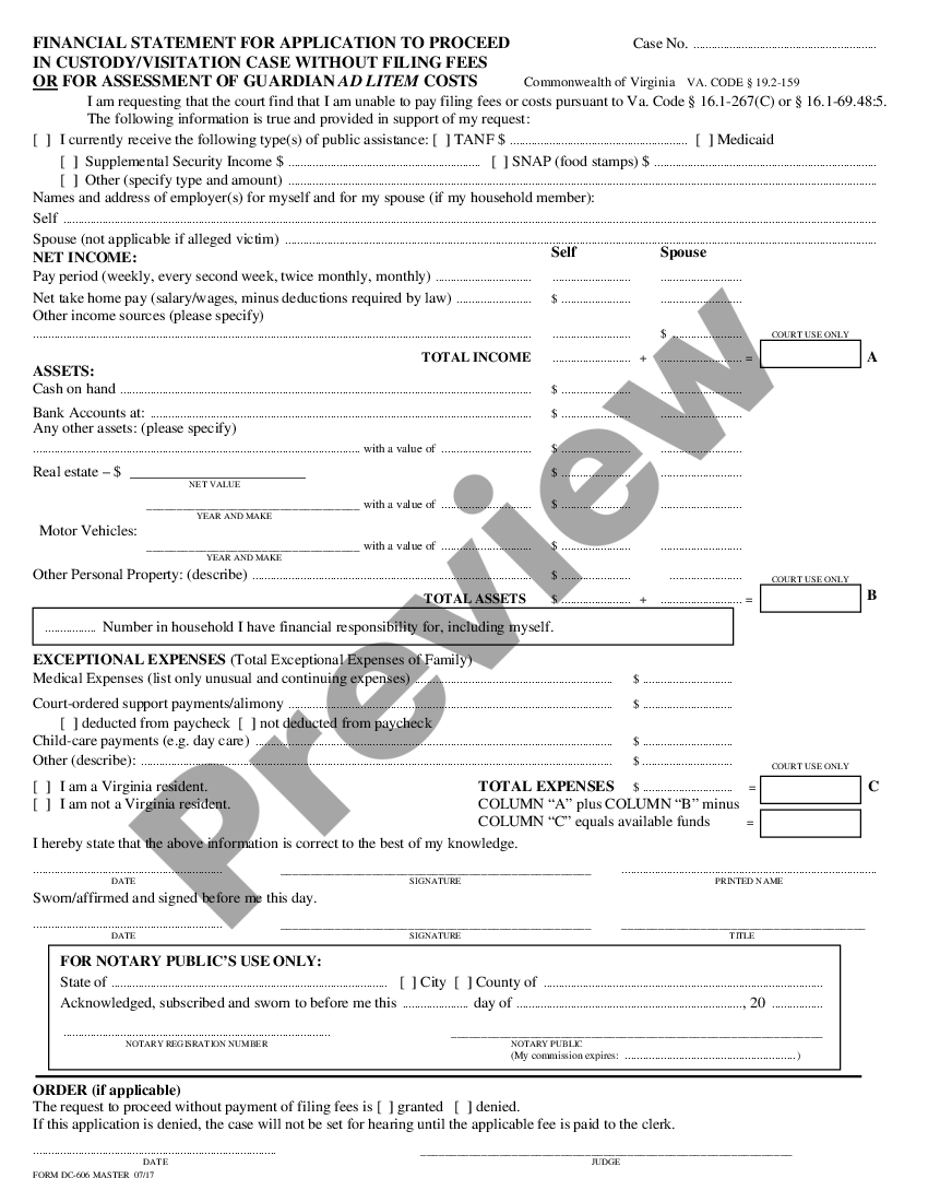 Virginia Affidavit In Support of Application for Proceeding In Custody