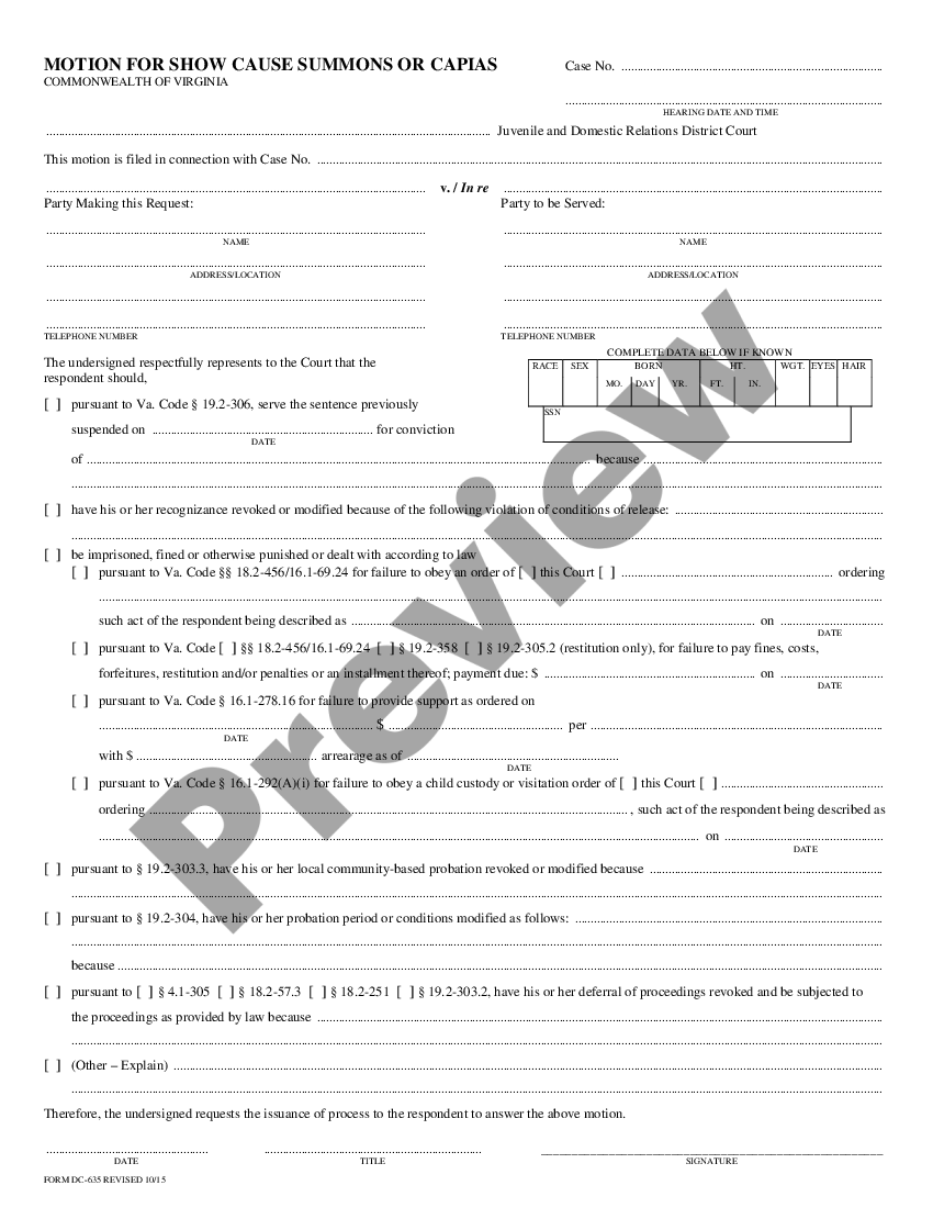 Virginia Motion for Show Cause Summons - Show Cause Summons Civil ...