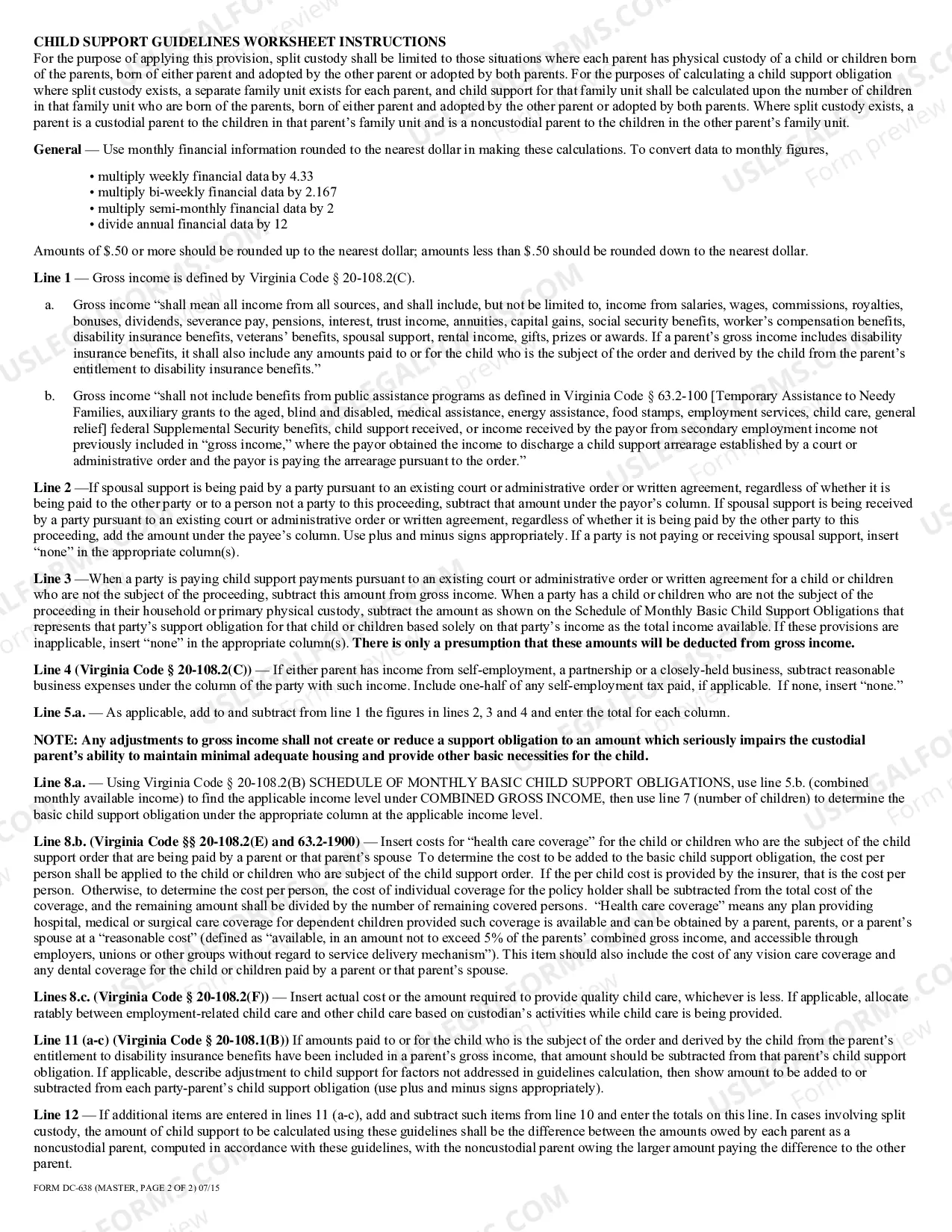 Preview Child Support Guidelines Worksheet - Split Custody