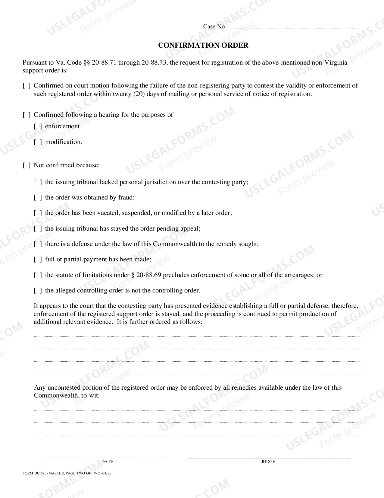 Preview Request for Virginia Registration of Non-Virginia Support Order