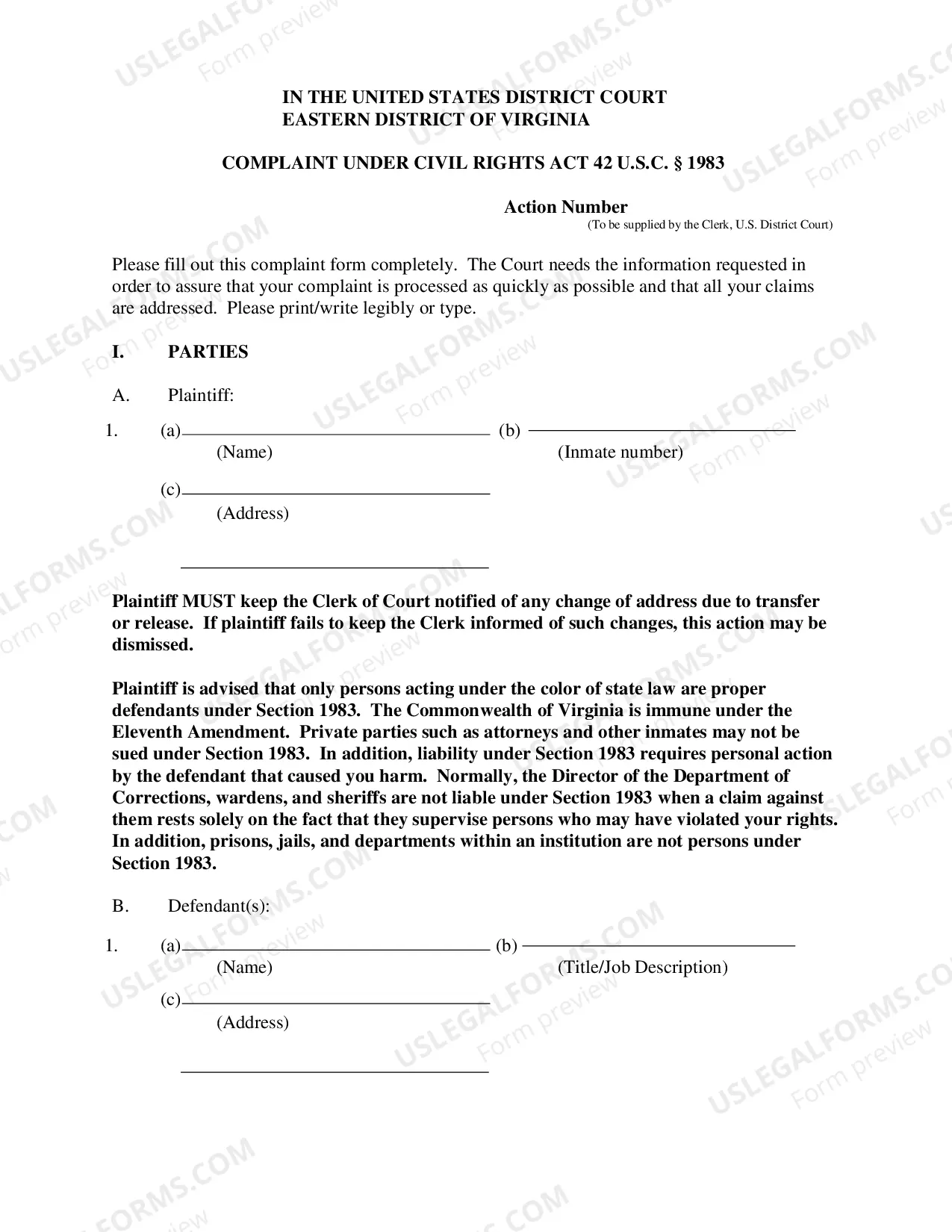 Preview Prisoner Civil Complaint Under 42 U.S.C. 1983
