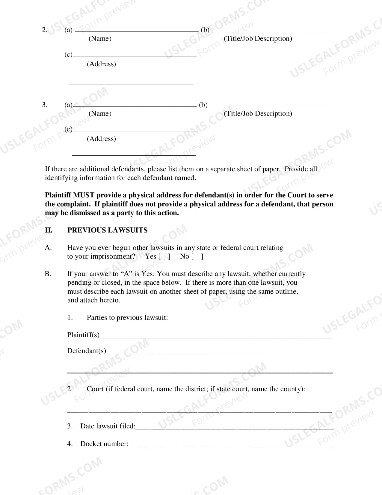 Preview Prisoner Civil Complaint Under 42 U.S.C. 1983