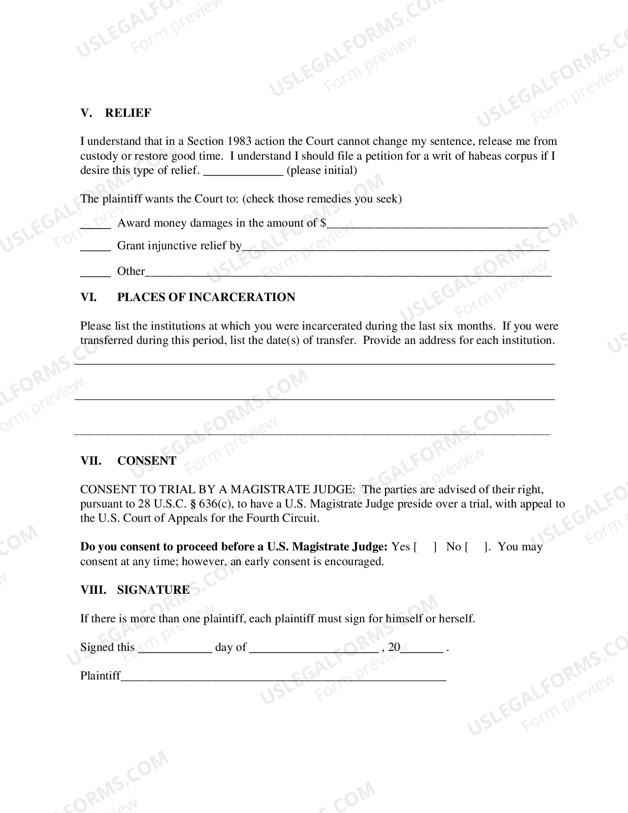 Preview Prisoner Civil Complaint Under 42 U.S.C. 1983