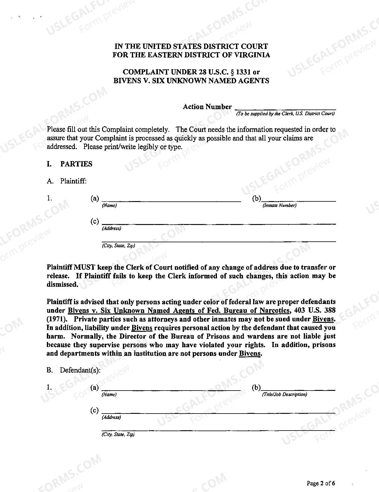 Preview Prisoner Civil Complaint Under Bivens