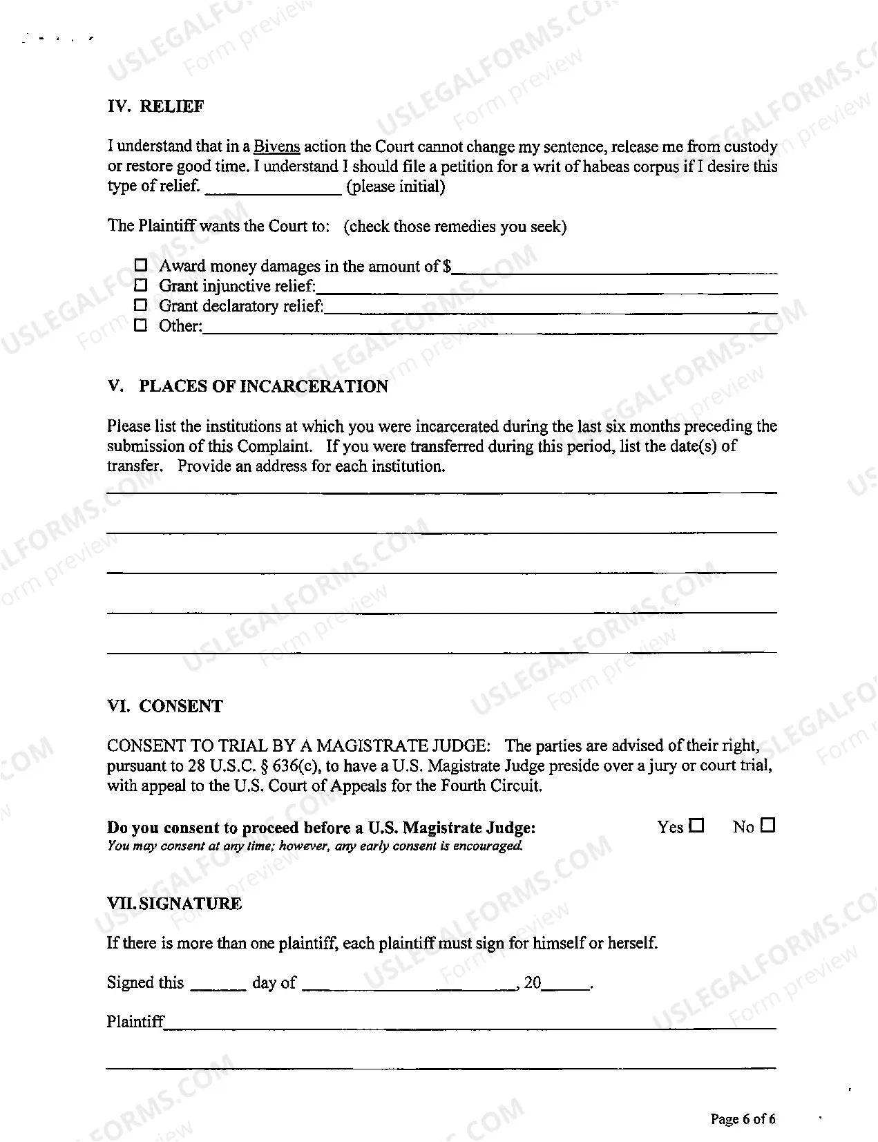 Preview Prisoner Civil Complaint Under Bivens