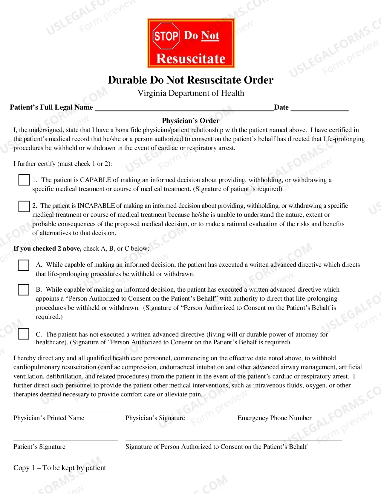Preview Virginia Durable Do Not Resuscitate Order