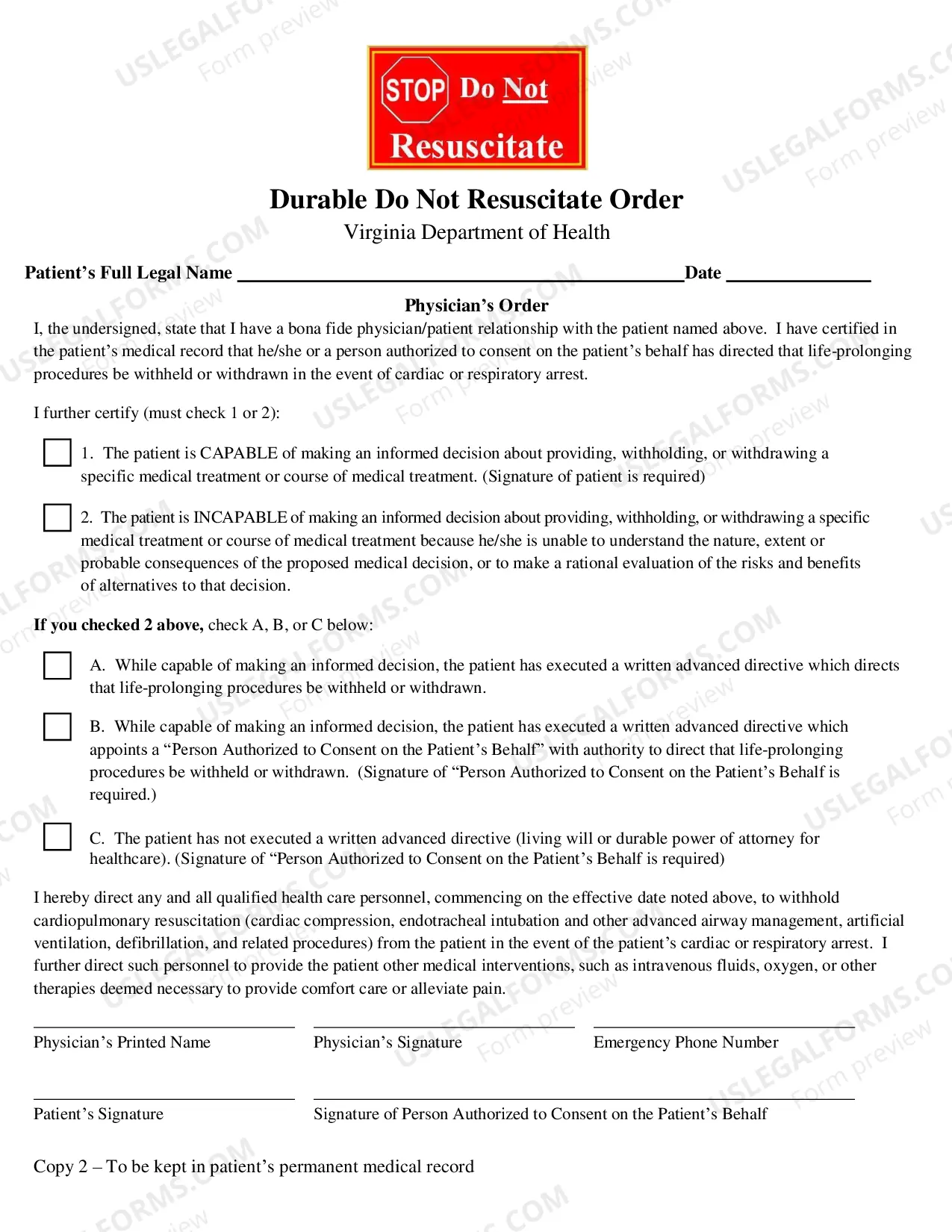 Preview Virginia Durable Do Not Resuscitate Order