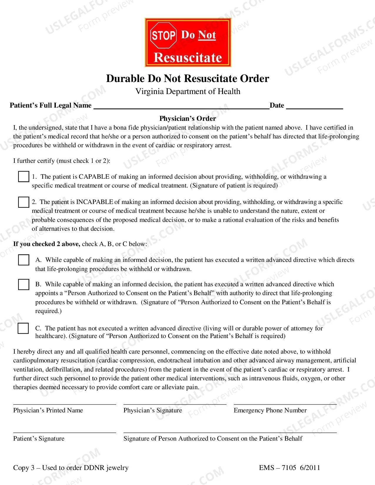 Preview Virginia Durable Do Not Resuscitate Order