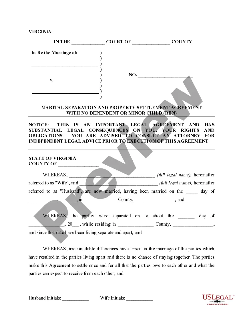 Preview Marital Domestic Separation and Property Settlement Agreement for persons with No Children, No Joint Property or Debts where Divorce Action Filed