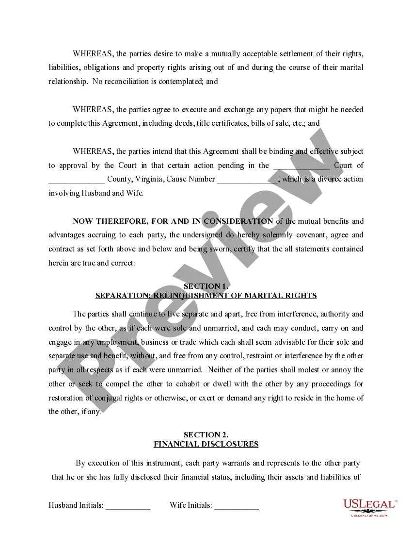 Preview Marital Domestic Separation and Property Settlement Agreement for persons with No Children, No Joint Property or Debts where Divorce Action Filed