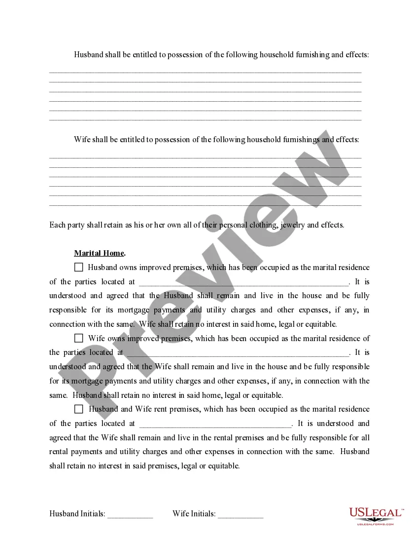 Preview Marital Domestic Separation and Property Settlement Agreement for persons with No Children, No Joint Property or Debts where Divorce Action Filed