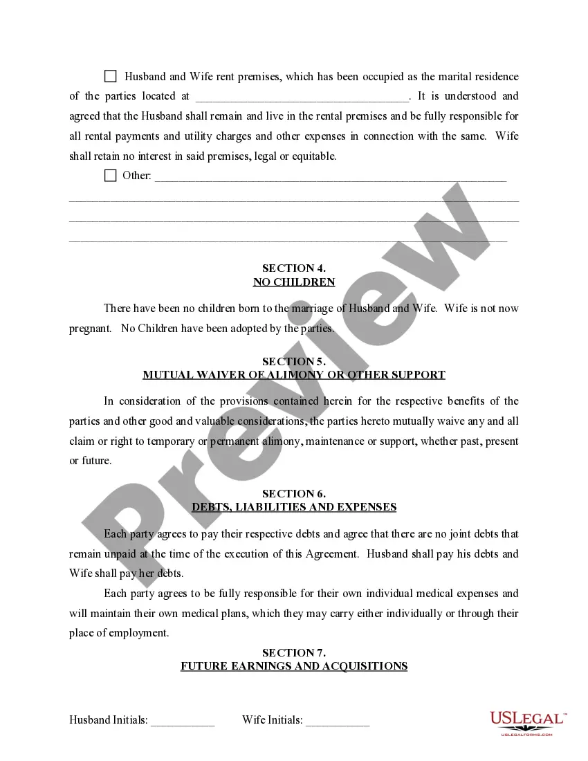 Preview Marital Domestic Separation and Property Settlement Agreement for persons with No Children, No Joint Property or Debts where Divorce Action Filed