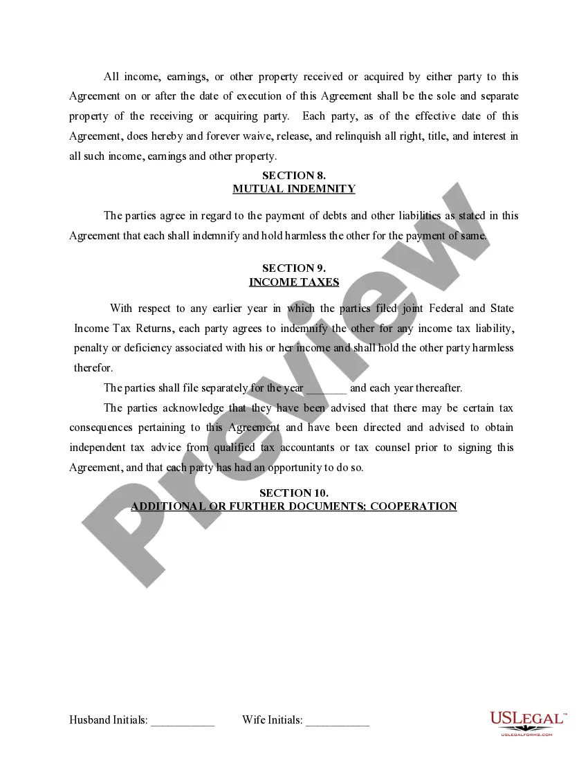 Preview Marital Domestic Separation and Property Settlement Agreement for persons with No Children, No Joint Property or Debts where Divorce Action Filed