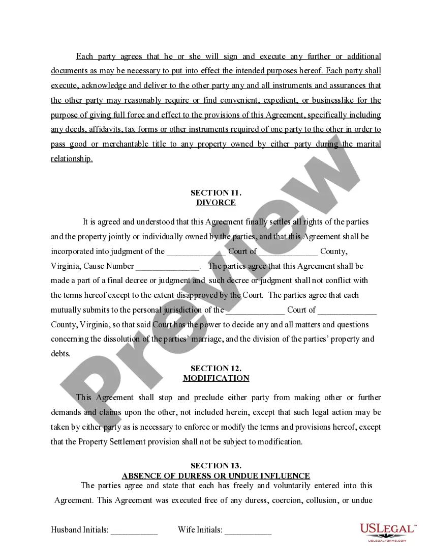 Preview Marital Domestic Separation and Property Settlement Agreement for persons with No Children, No Joint Property or Debts where Divorce Action Filed
