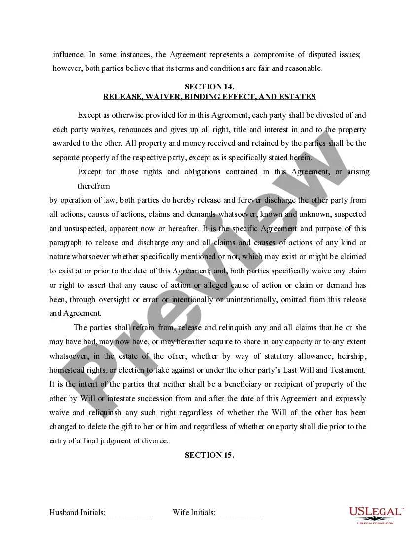 Preview Marital Domestic Separation and Property Settlement Agreement for persons with No Children, No Joint Property or Debts where Divorce Action Filed