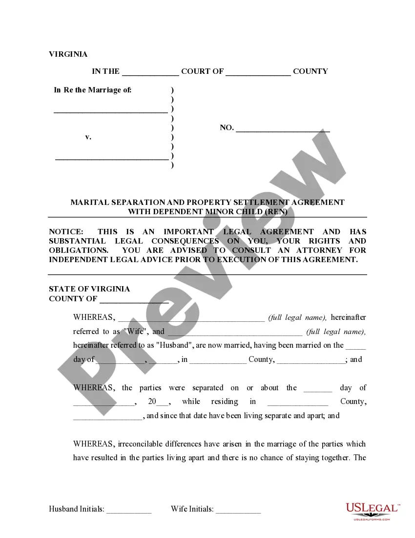 Preview Marital Domestic Separation and Property Settlement Agreement Minor Children no Joint Property or Debts where Divorce Action Filed