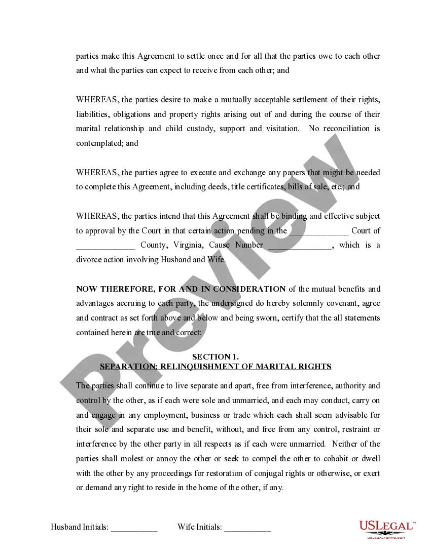 Preview Marital Domestic Separation and Property Settlement Agreement Minor Children no Joint Property or Debts where Divorce Action Filed
