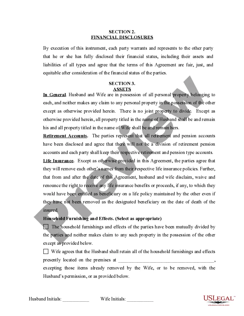 Preview Marital Domestic Separation and Property Settlement Agreement Minor Children no Joint Property or Debts where Divorce Action Filed
