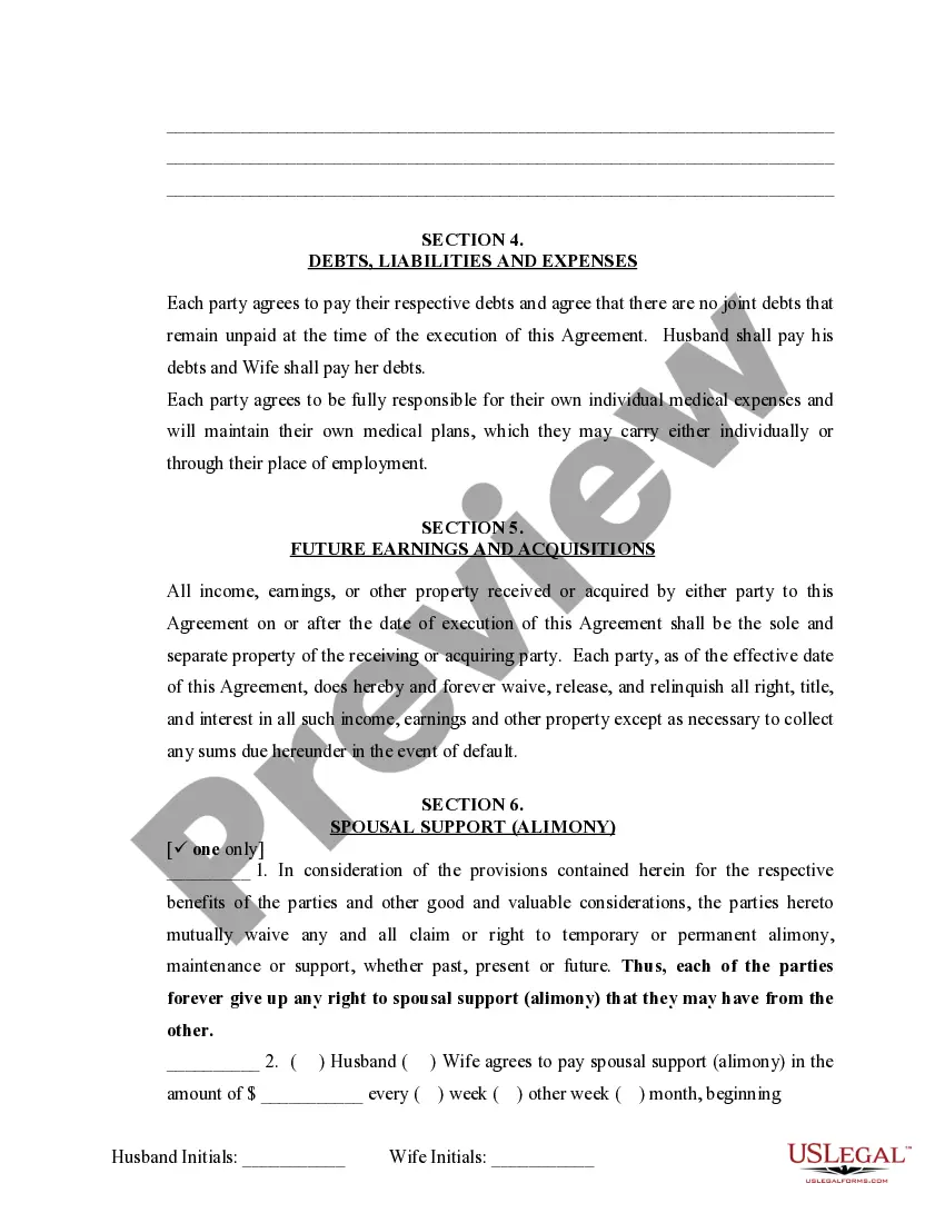 Preview Marital Domestic Separation and Property Settlement Agreement Minor Children no Joint Property or Debts effective Immediately