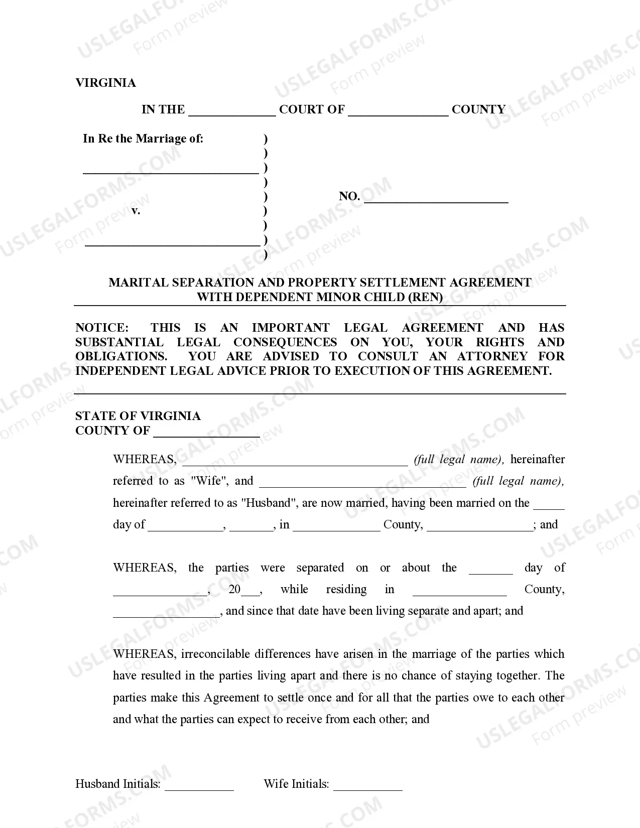 Preview Marital Domestic Separation and Property Settlement Agreement Minor Children Parties May have Joint Property or Debts where Divorce Action Filed