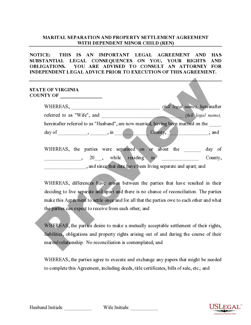 Preview Marital Domestic Separation and Property Settlement Agreement Minor Children Parties May have Joint Property or Debts effective Immediately