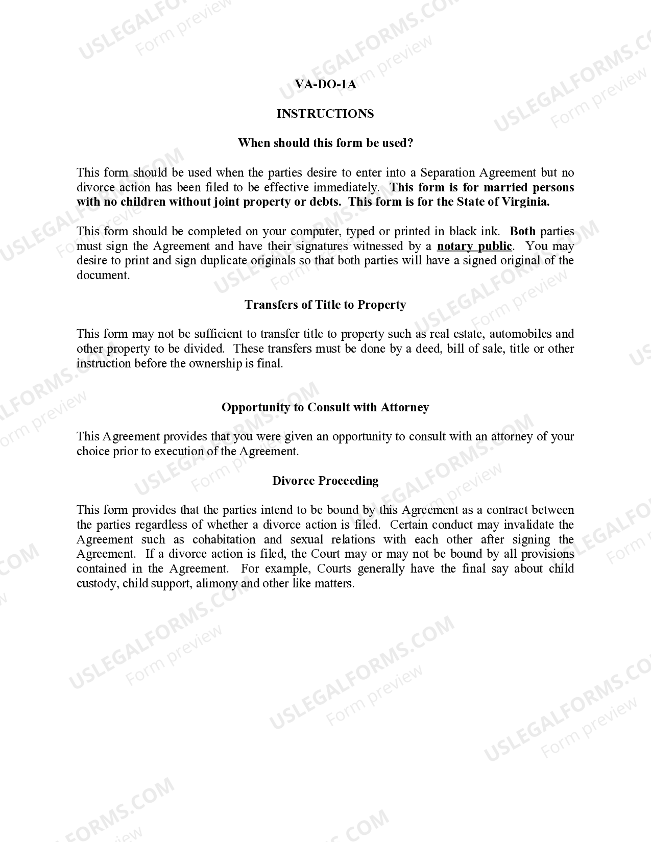 Virginia Marital Domestic Separation and Property Settlement Agreement