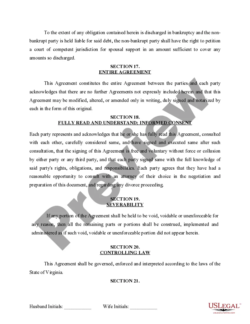 Preview Marital Domestic Separation and Property Settlement Agreement for persons with no Children, no Joint Property, or Debts Effective Immediately
