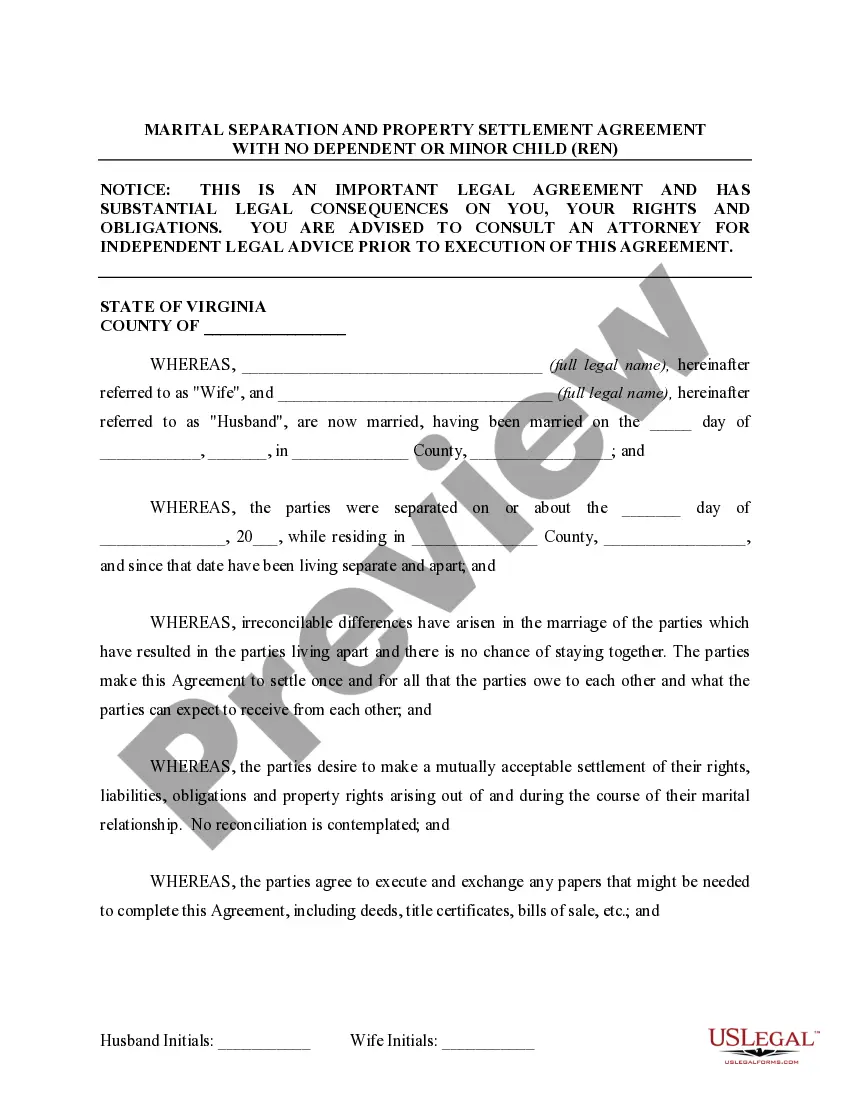 Preview Marital Domestic Separation and Property Settlement Agreement for persons with no Children, no Joint Property, or Debts Effective Immediately