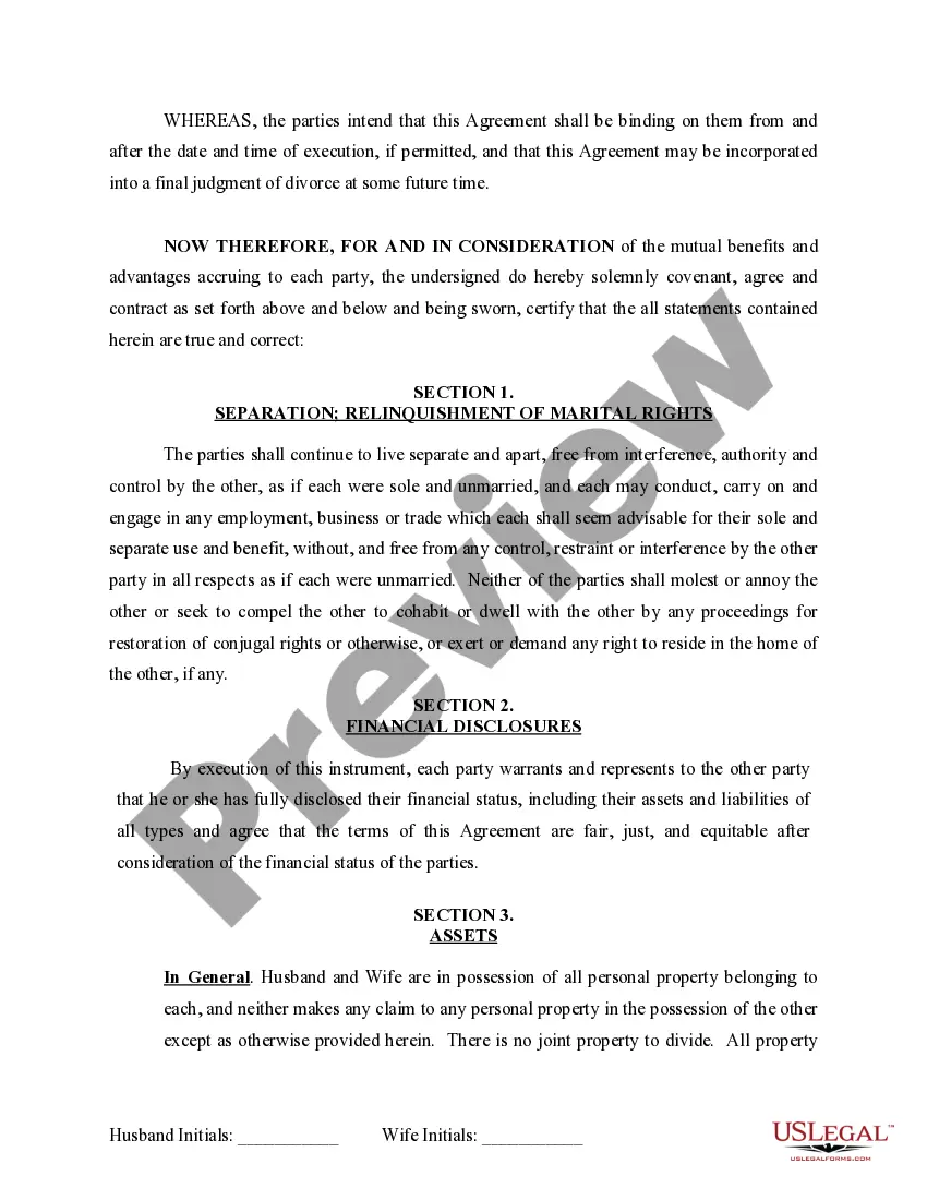 Preview Marital Domestic Separation and Property Settlement Agreement for persons with no Children, no Joint Property, or Debts Effective Immediately