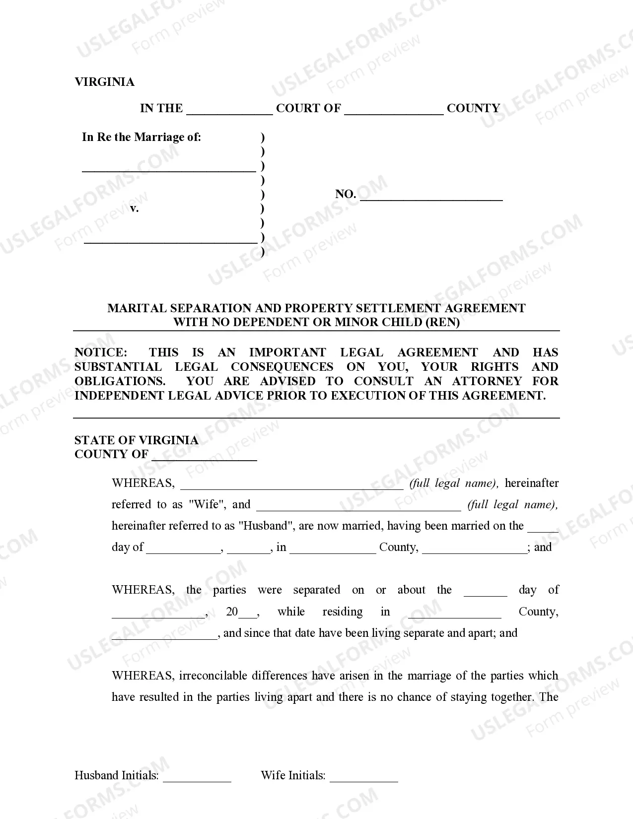 Preview Marital Domestic Separation and Property Settlement Agreement no Children parties may have Joint Property or Debts where Divorce Action Filed