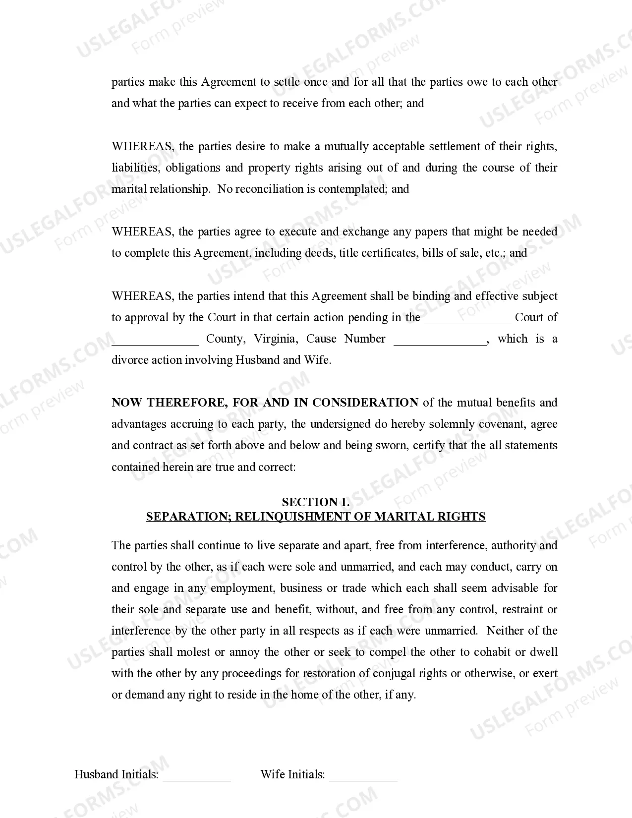 Preview Marital Domestic Separation and Property Settlement Agreement no Children parties may have Joint Property or Debts where Divorce Action Filed