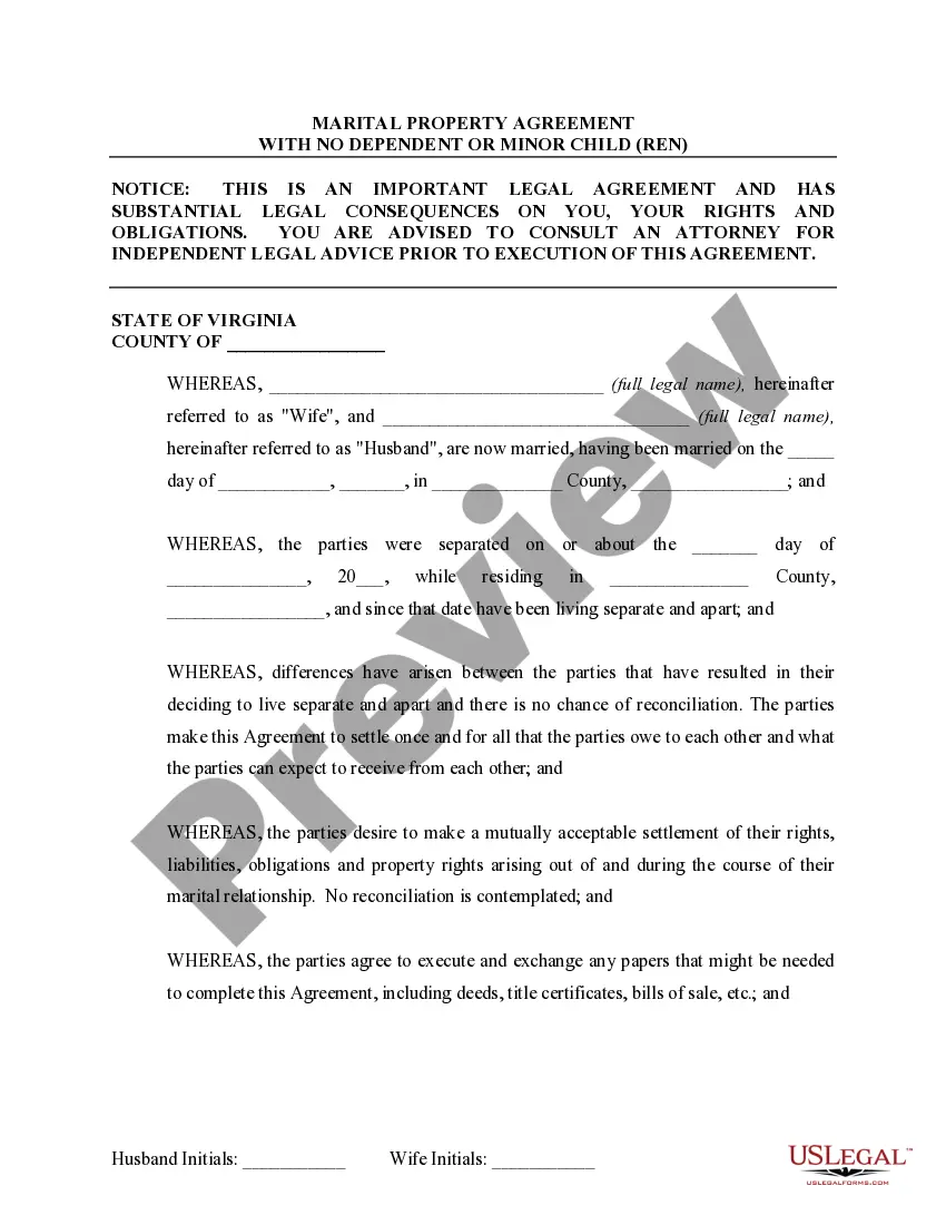 Preview Marital Domestic Separation and Property Settlement Agreement No Children Parties May Have Joint Property or Debts Effective Immediately