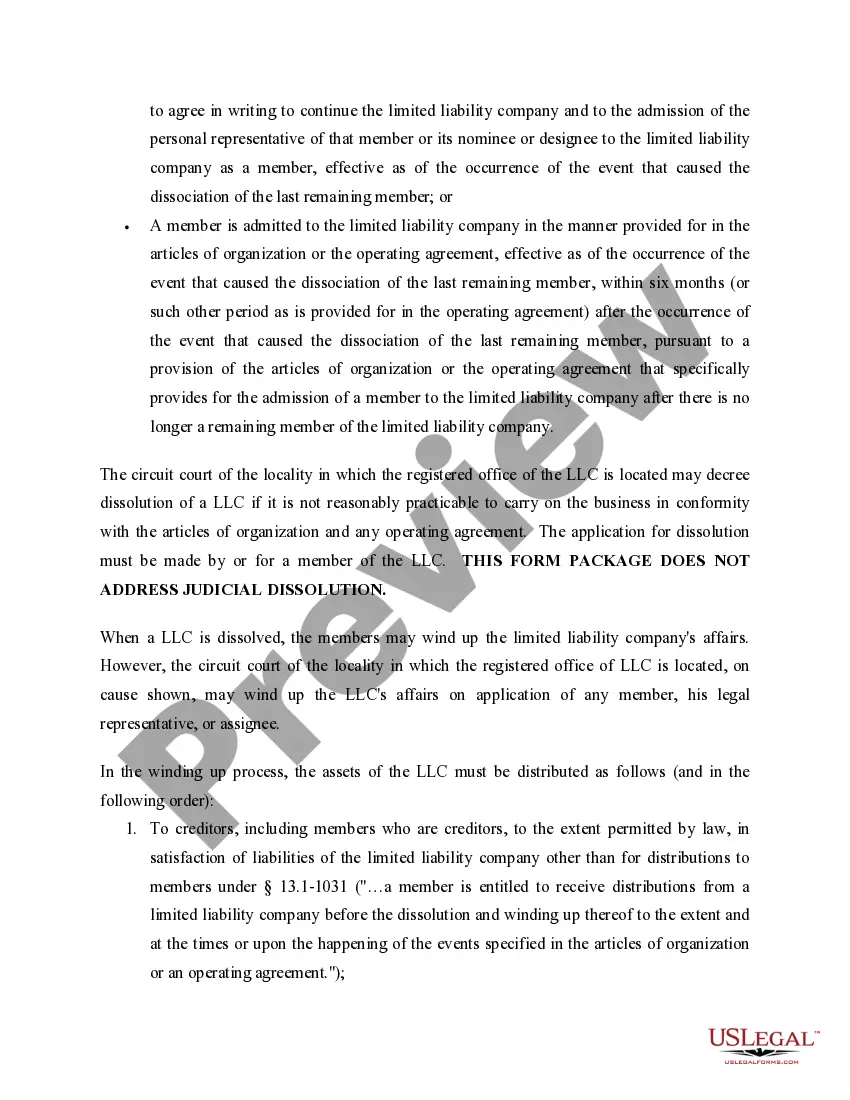 Get Virginia Dissolution Package to Dissolve Limited Liability Company LLC Preview Virginia Dissolution Package to Dissolve Limited Liability Company LLC