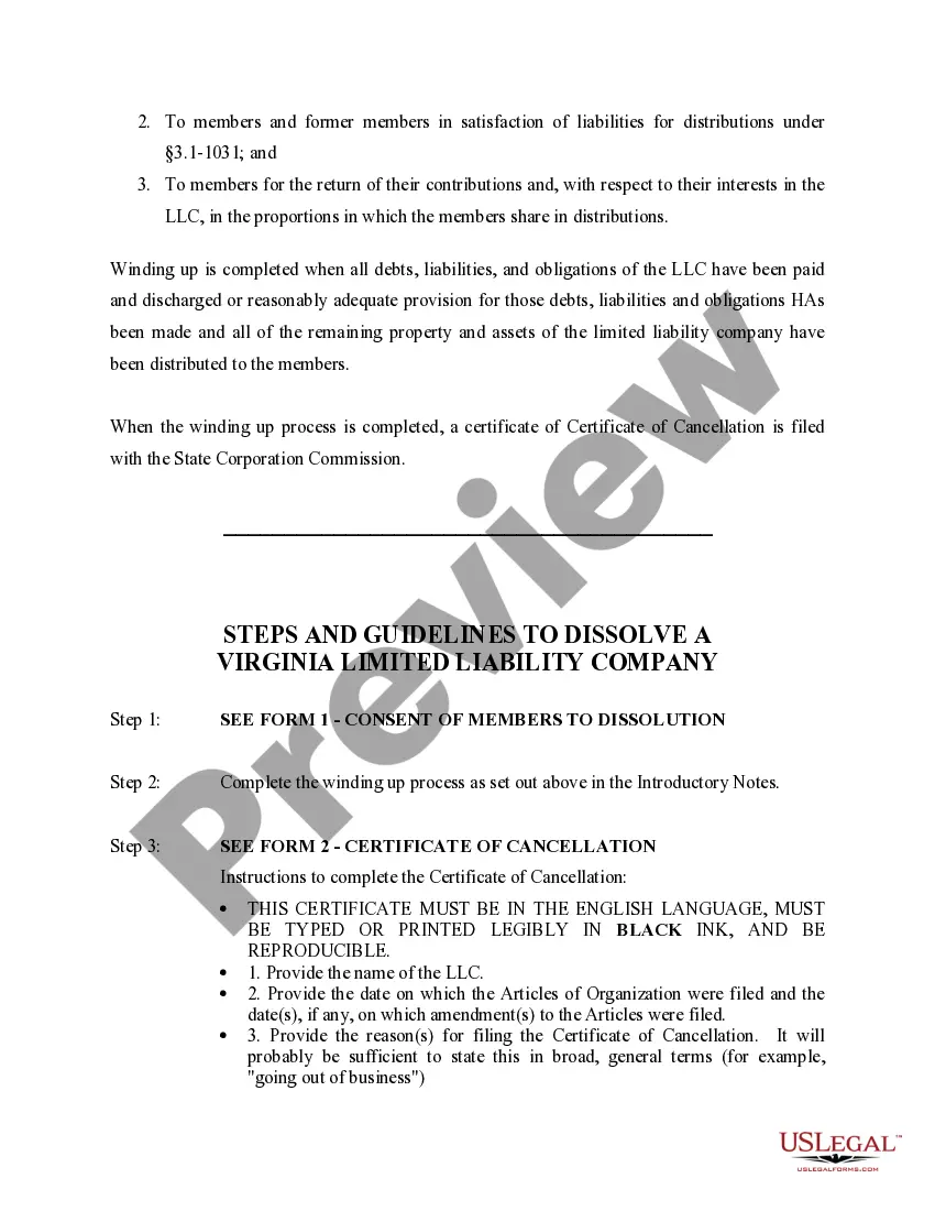 Get Virginia Dissolution Package to Dissolve Limited Liability Company LLC Preview Virginia Dissolution Package to Dissolve Limited Liability Company LLC